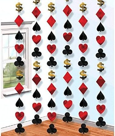 Casino Foil String Decorations – 7′ (Pack of 6) – Red, Black, & Gold Casino Party Icons – Perfect for Game Night, Vegas-Themed Events, and More