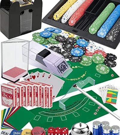 MrCarbon Casino Set: Shuffler + Card Shoe + 360pcs Chips + Double-Sided Felt + 8xDeck Playing Cards + Chip Rake + Bell + Dice + 10xCut Cards + 4xCasino Buttons + 4pcs Batteries + (Casino Super Set)