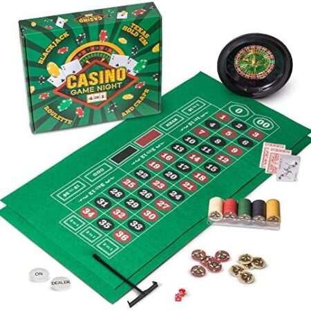 Brybelly Casino Night 4-in-1 Complete Game Set with Felts, Wheel, 100 Chips, Dice & Cards for Blackjack, Craps, Roulette & Texas Hold’em – Green Felt Double Sided Casino Tabletop Gaming Mat
